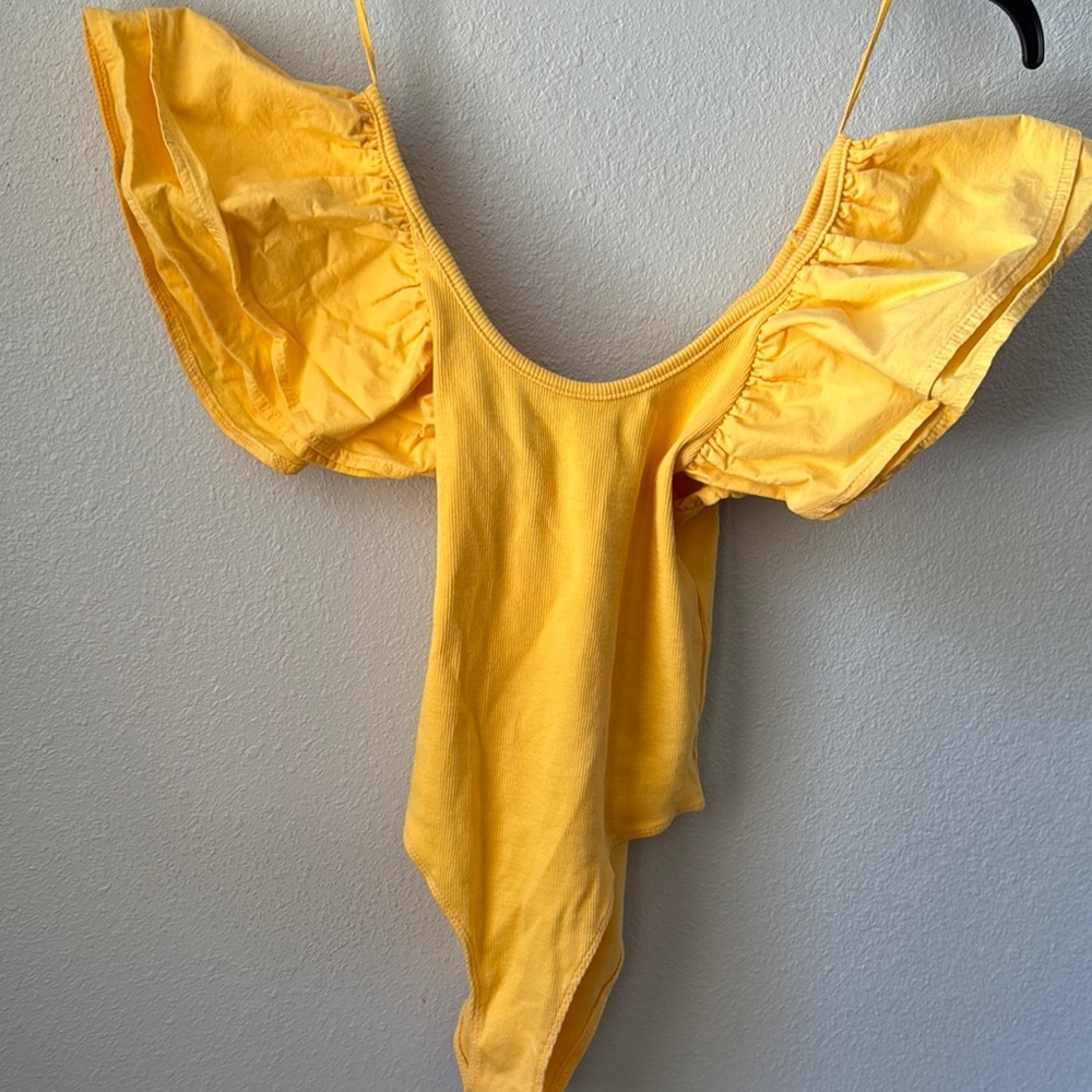 Zara Yellow Asymmetrical Puff Sleeve Bodysuit